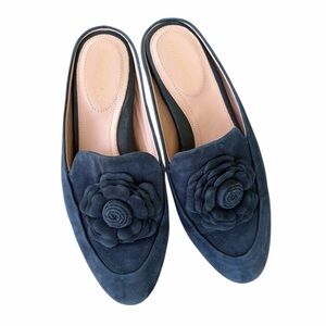 Taryn Rose Blythe navy suede mule with rosette detail.